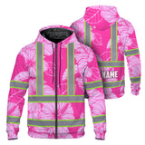 Hi Vis Zip Hoodie Reflective Tapes Pink Neon Hibiscus Custom Name Safety Workwear For Workers, Truckers, Operators