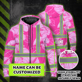 Hi Vis Zip Hoodie Reflective Tapes Pink Neon Hibiscus Custom Name Safety Workwear For Workers, Truckers, Operators