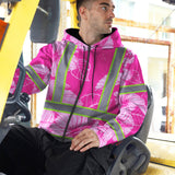 Hi Vis Zip Hoodie Reflective Tapes Pink Neon Hibiscus Custom Name Safety Workwear For Workers, Truckers, Operators