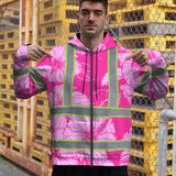Hi Vis Zip Hoodie Reflective Tapes Pink Neon Hibiscus Custom Name Safety Workwear For Workers, Truckers, Operators