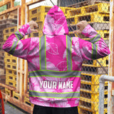 Hi Vis Zip Hoodie Reflective Tapes Pink Neon Hibiscus Custom Name Safety Workwear For Workers, Truckers, Operators