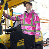 Hi Vis Zip Hoodie Reflective Tapes Pink Neon Hibiscus Custom Name Safety Workwear For Workers, Truckers, Operators