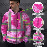 Hi Vis Zip Hoodie Reflective Tapes Pink Neon Hibiscus Custom Name Safety Workwear For Workers, Truckers, Operators