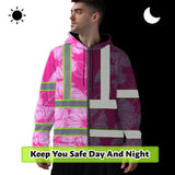 Hi Vis Zip Hoodie Reflective Tapes Pink Neon Hibiscus Custom Name Safety Workwear For Workers, Truckers, Operators