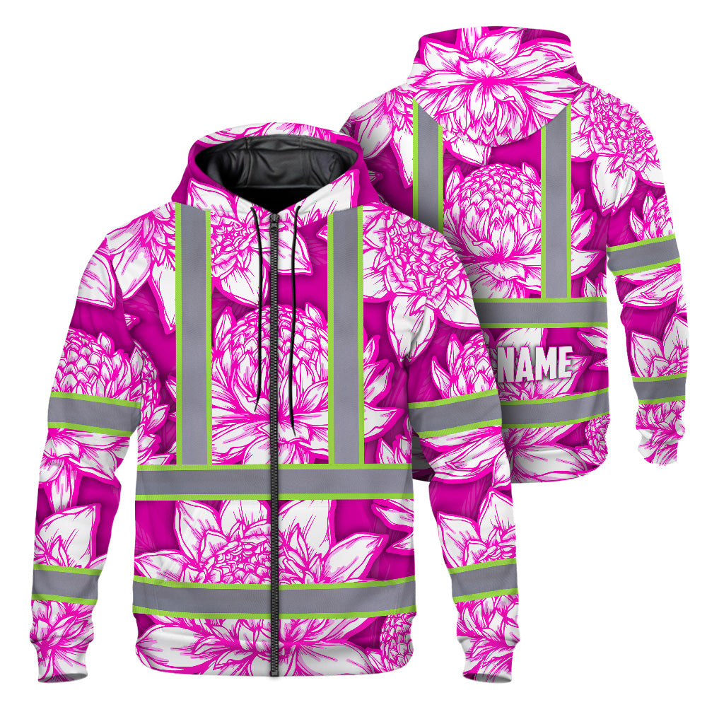 Hi Vis Zip Hoodie Reflective Tapes Pink Neon White Protea Custom Name Safety Workwear For Workers, Truckers, Operators