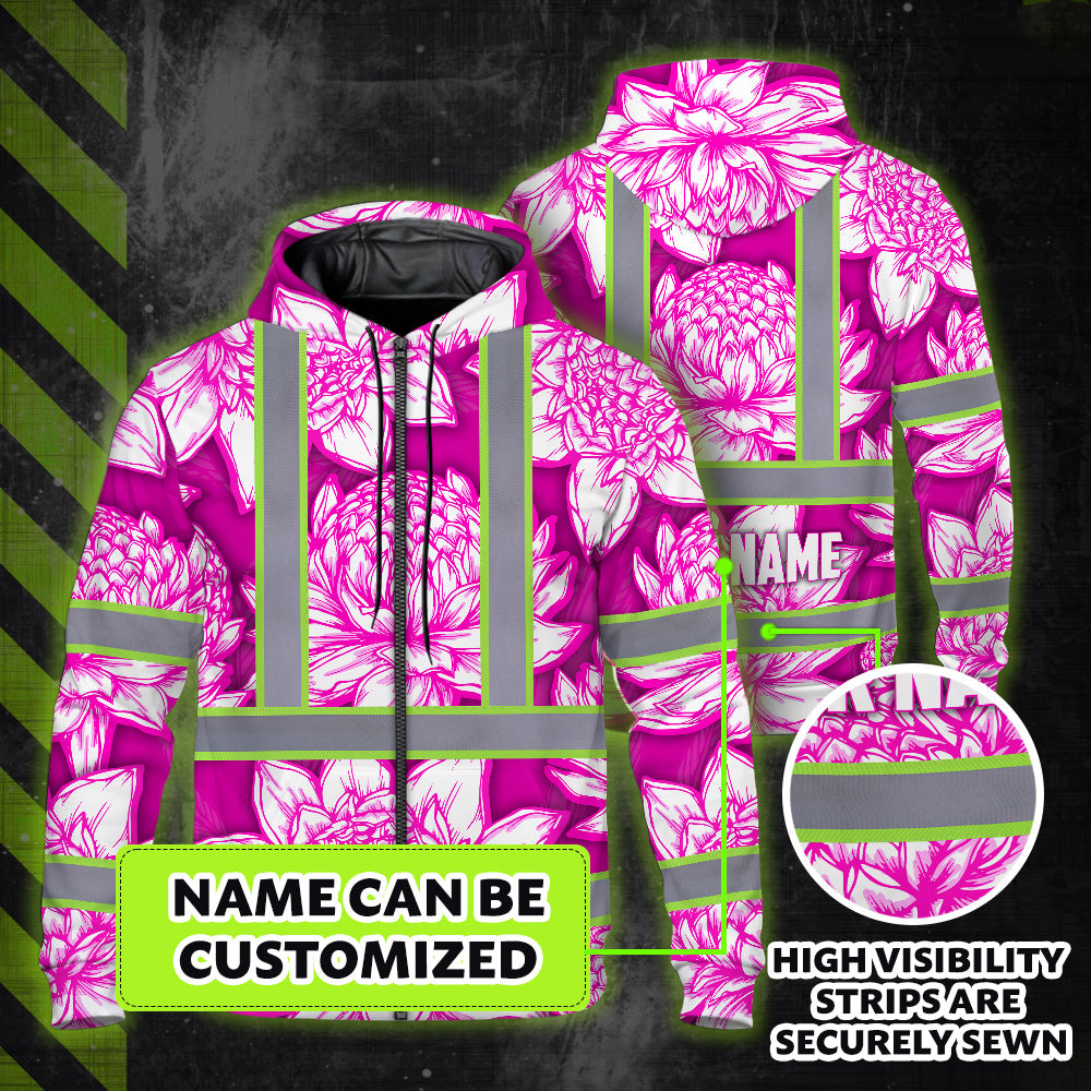 Hi Vis Zip Hoodie Reflective Tapes Pink Neon White Protea Custom Name Safety Workwear For Workers, Truckers, Operators