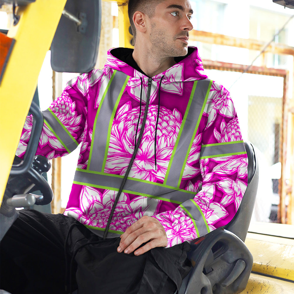 Hi Vis Zip Hoodie Reflective Tapes Pink Neon White Protea Custom Name Safety Workwear For Workers, Truckers, Operators