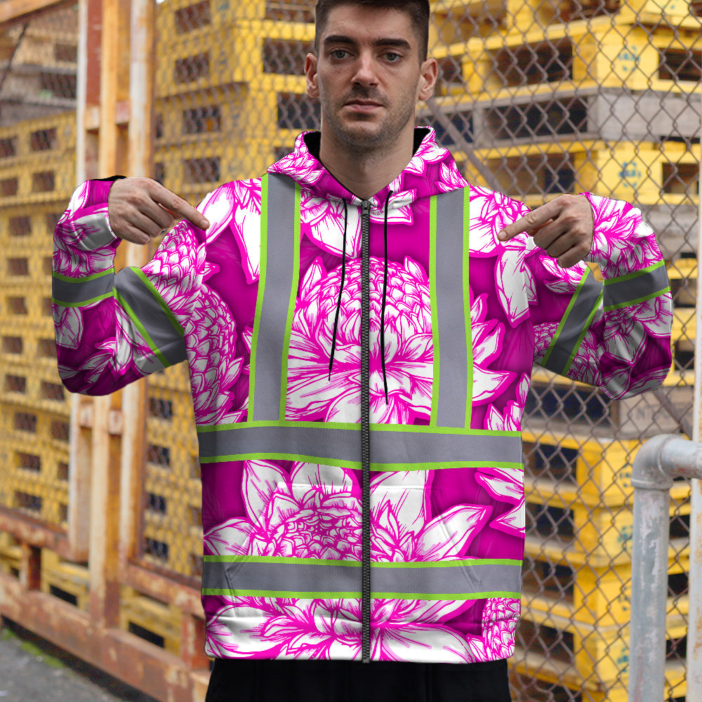 Hi Vis Zip Hoodie Reflective Tapes Pink Neon White Protea Custom Name Safety Workwear For Workers, Truckers, Operators