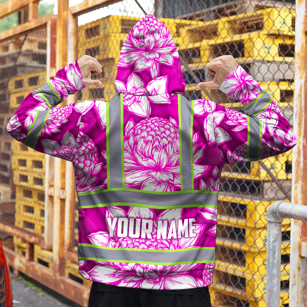 Hi Vis Zip Hoodie Reflective Tapes Pink Neon White Protea Custom Name Safety Workwear For Workers, Truckers, Operators