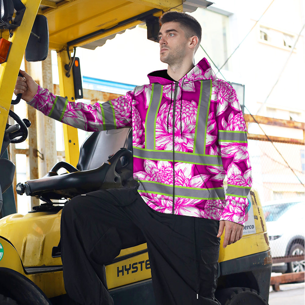 Hi Vis Zip Hoodie Reflective Tapes Pink Neon White Protea Custom Name Safety Workwear For Workers, Truckers, Operators
