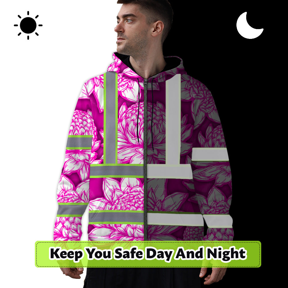 Hi Vis Zip Hoodie Reflective Tapes Pink Neon White Protea Custom Name Safety Workwear For Workers, Truckers, Operators