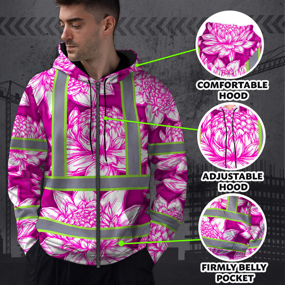 Hi Vis Zip Hoodie Reflective Tapes Pink Neon White Protea Custom Name Safety Workwear For Workers, Truckers, Operators