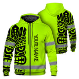 Hi Vis Zip Hoodie Reflective Tapes TiKi Hawaiian Polynesian Tribal Custom Name Safety Workwear For Workers, Runners, Cyclists