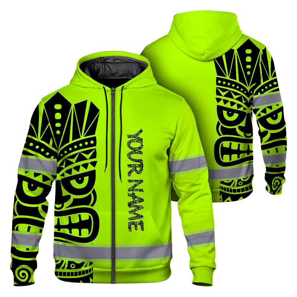 Hi Vis Zip Hoodie Reflective Tapes TiKi Hawaiian Polynesian Tribal Custom Name Safety Workwear For Workers, Runners, Cyclists