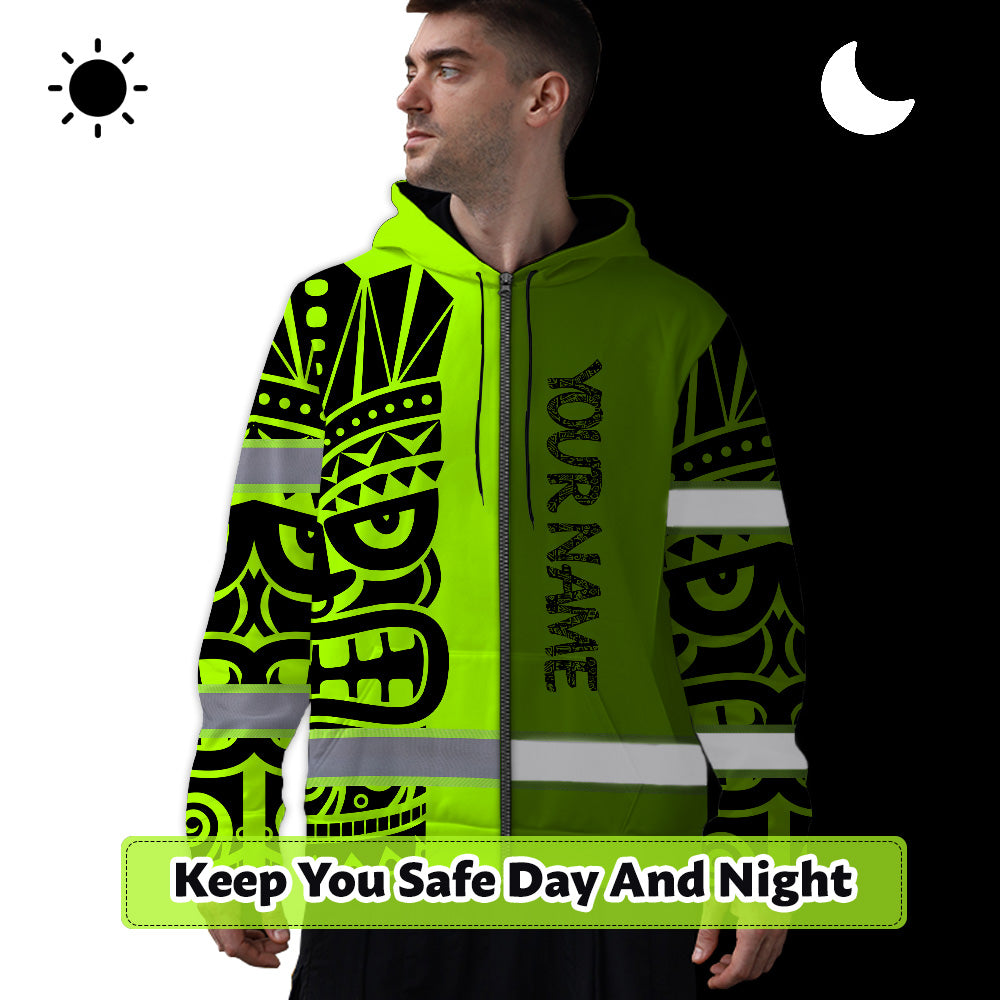 Hi Vis Zip Hoodie Reflective Tapes TiKi Hawaiian Polynesian Tribal Custom Name Safety Workwear For Workers, Runners, Cyclists