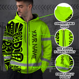 Hi Vis Zip Hoodie Reflective Tapes TiKi Hawaiian Polynesian Tribal Custom Name Safety Workwear For Workers, Runners, Cyclists