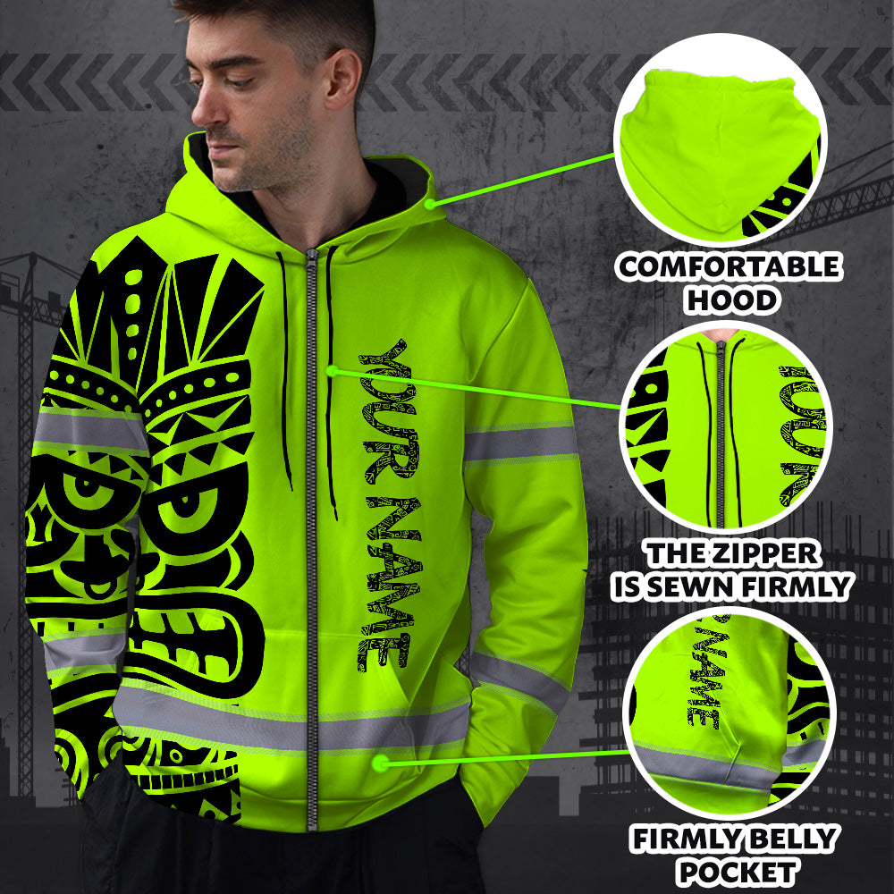 Hi Vis Zip Hoodie Reflective Tapes TiKi Hawaiian Polynesian Tribal Custom Name Safety Workwear For Workers, Runners, Cyclists