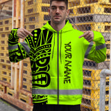 Hi Vis Zip Hoodie Reflective Tapes TiKi Hawaiian Polynesian Tribal Custom Name Safety Workwear For Workers, Runners, Cyclists