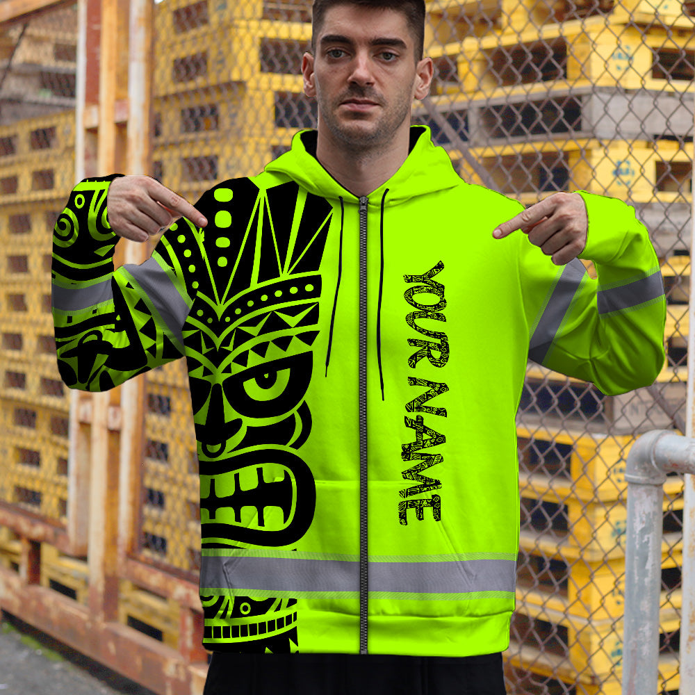 Hi Vis Zip Hoodie Reflective Tapes TiKi Hawaiian Polynesian Tribal Custom Name Safety Workwear For Workers, Runners, Cyclists