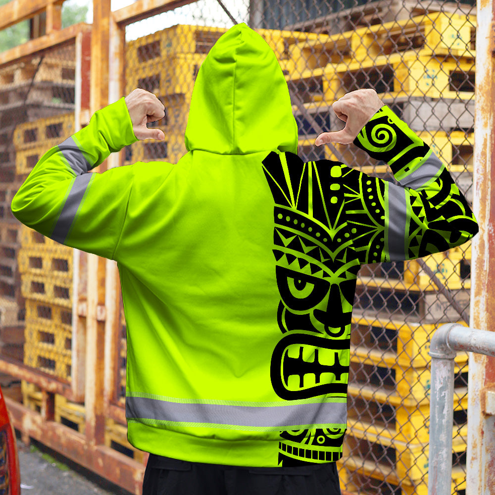 Hi Vis Zip Hoodie Reflective Tapes TiKi Hawaiian Polynesian Tribal Custom Name Safety Workwear For Workers, Runners, Cyclists