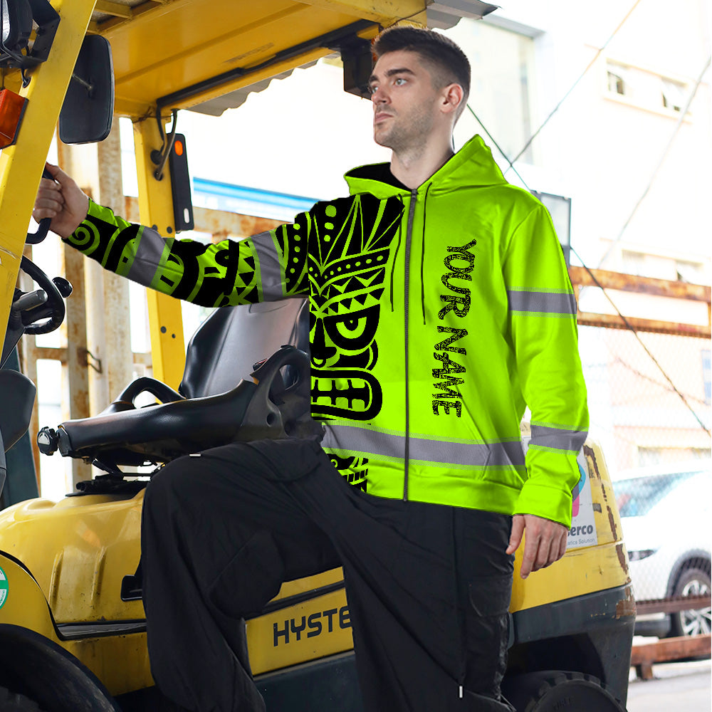 Hi Vis Zip Hoodie Reflective Tapes TiKi Hawaiian Polynesian Tribal Custom Name Safety Workwear For Workers, Runners, Cyclists
