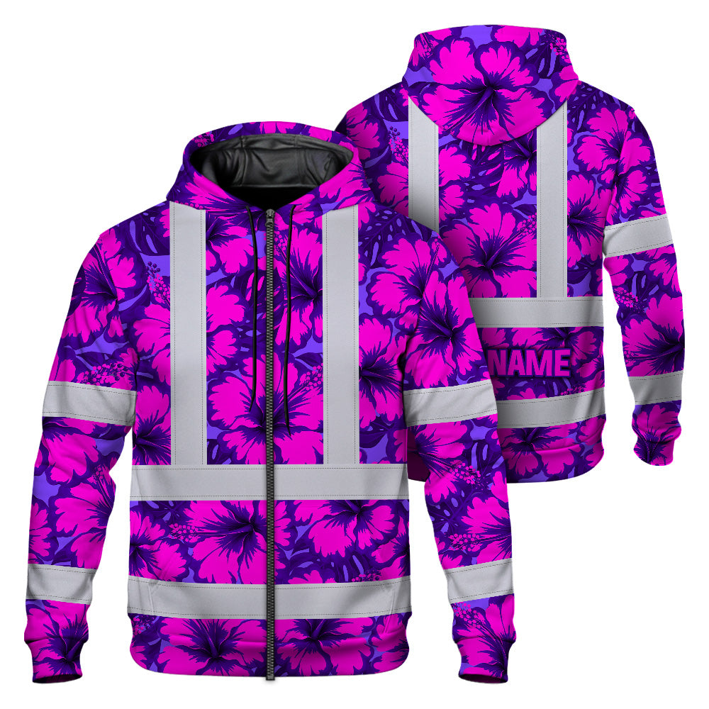 Hi Vis Zip Hoodie Reflective Tapes Violet Neon And Pink Flowers Custom Name Safety Workwear For Workers, Truckers, Operators