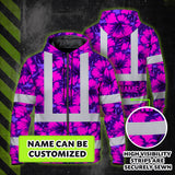 Hi Vis Zip Hoodie Reflective Tapes Violet Neon And Pink Flowers Custom Name Safety Workwear For Workers, Truckers, Operators