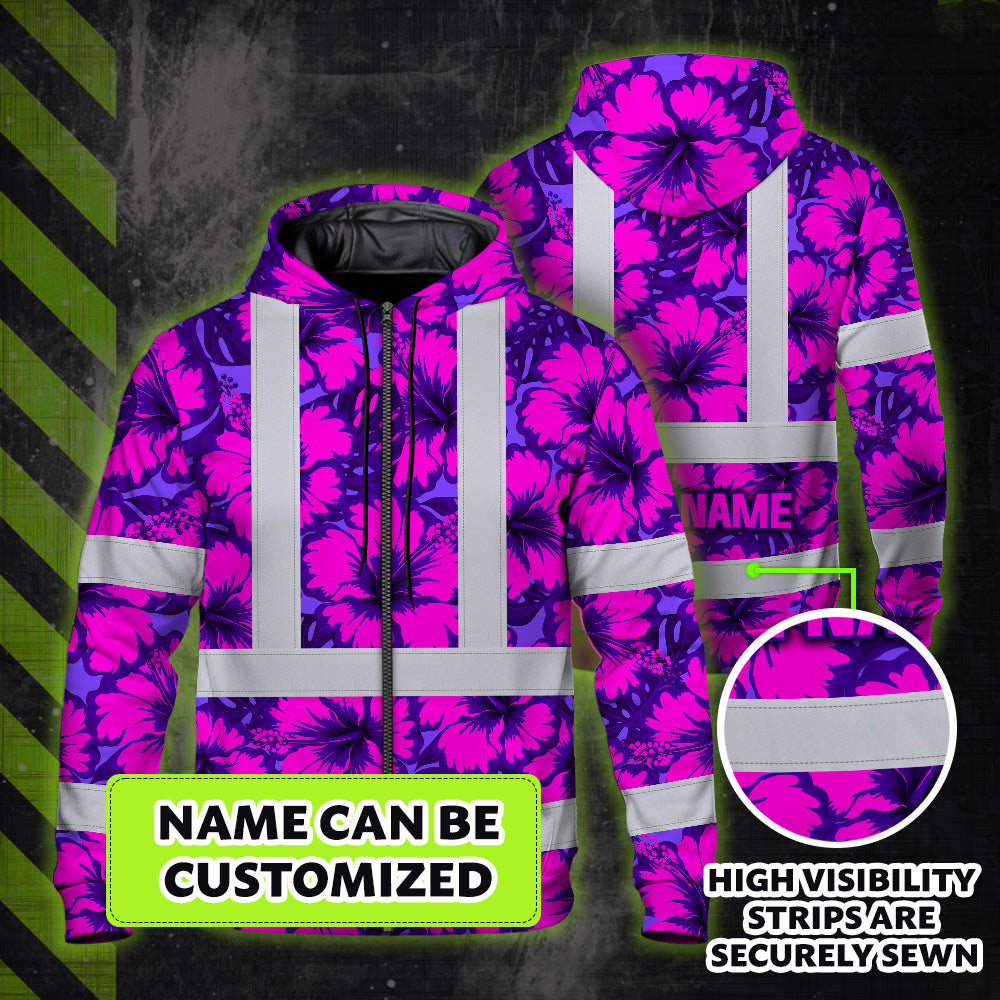 Hi Vis Zip Hoodie Reflective Tapes Violet Neon And Pink Flowers Custom Name Safety Workwear For Workers, Truckers, Operators