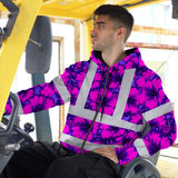 Hi Vis Zip Hoodie Reflective Tapes Violet Neon And Pink Flowers Custom Name Safety Workwear For Workers, Truckers, Operators