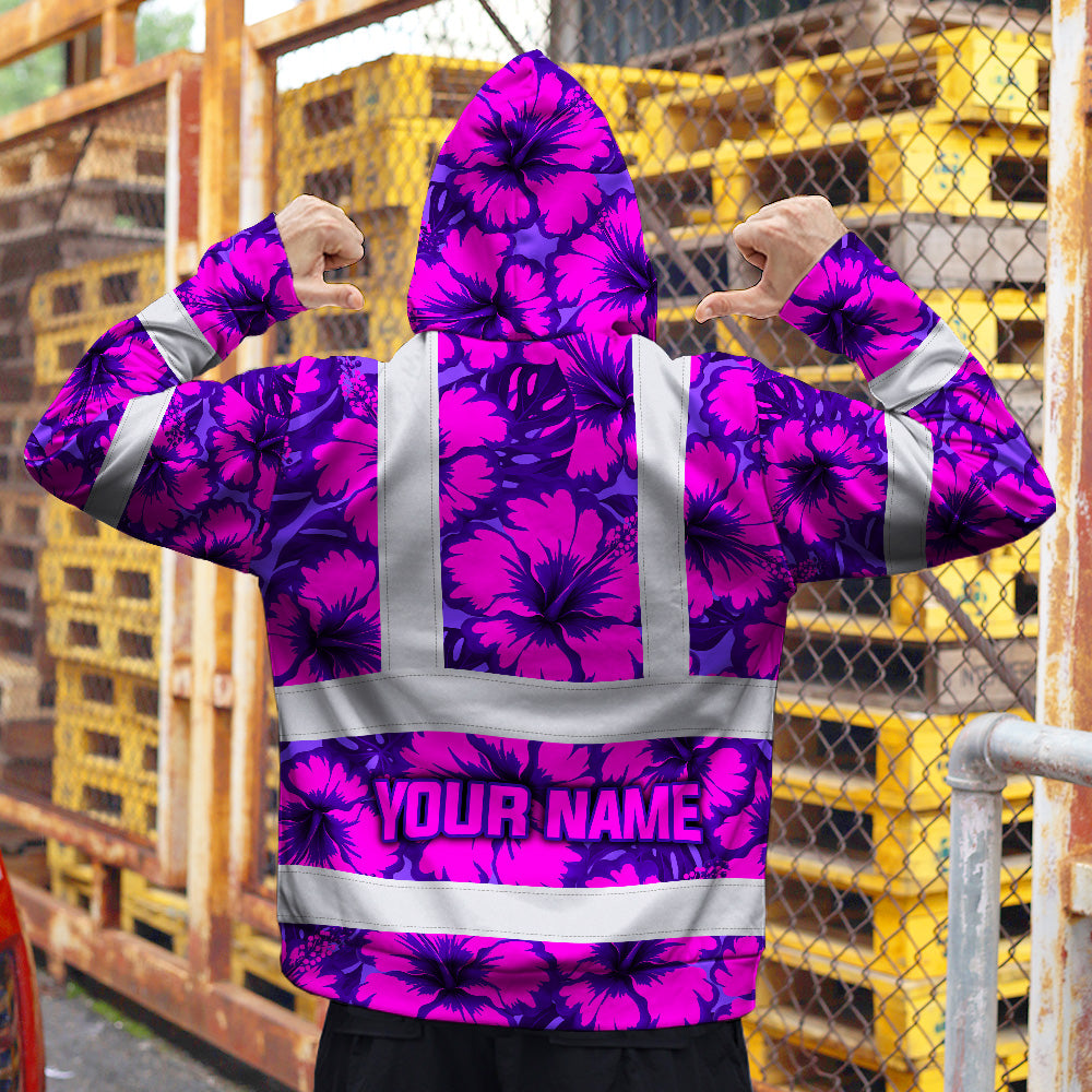 Hi Vis Zip Hoodie Reflective Tapes Violet Neon And Pink Flowers Custom Name Safety Workwear For Workers, Truckers, Operators