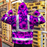 Hi Vis Zip Hoodie Reflective Tapes Violet Neon And Pink Flowers Custom Name Safety Workwear For Workers, Truckers, Operators