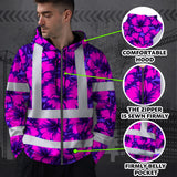 Hi Vis Zip Hoodie Reflective Tapes Violet Neon And Pink Flowers Custom Name Safety Workwear For Workers, Truckers, Operators