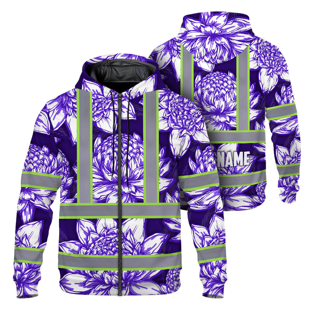 Hi Vis Zip Hoodie Reflective Tapes Violet Neon White Protea Custom Name Safety Workwear For Workers, Truckers, Operators