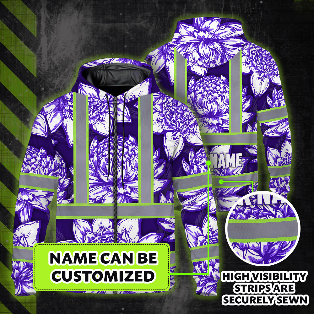 Hi Vis Zip Hoodie Reflective Tapes Violet Neon White Protea Custom Name Safety Workwear For Workers, Truckers, Operators