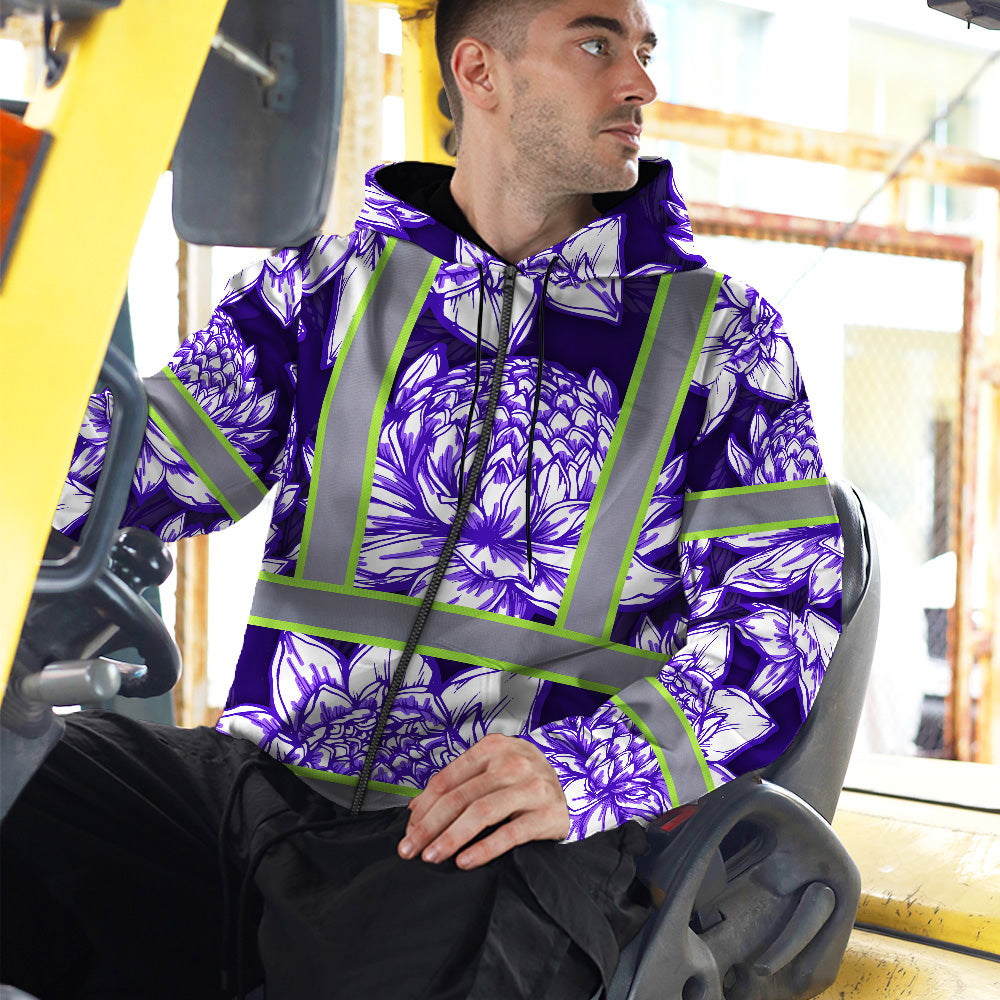 Hi Vis Zip Hoodie Reflective Tapes Violet Neon White Protea Custom Name Safety Workwear For Workers, Truckers, Operators