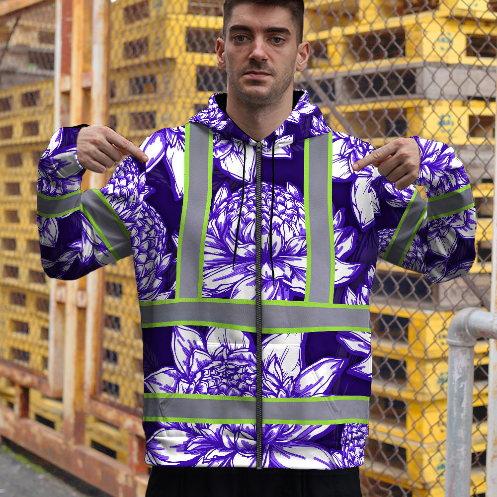 Hi Vis Zip Hoodie Reflective Tapes Violet Neon White Protea Custom Name Safety Workwear For Workers, Truckers, Operators