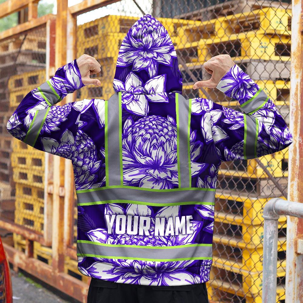 Hi Vis Zip Hoodie Reflective Tapes Violet Neon White Protea Custom Name Safety Workwear For Workers, Truckers, Operators