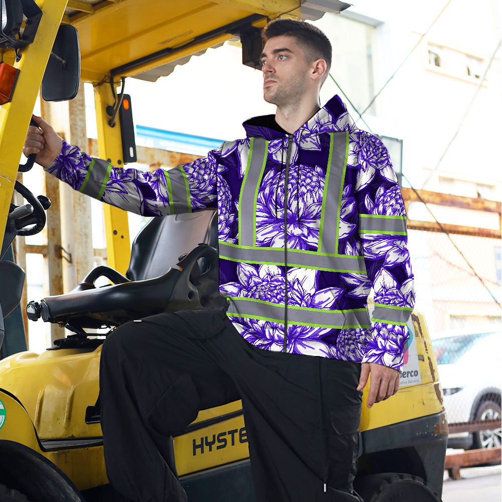Hi Vis Zip Hoodie Reflective Tapes Violet Neon White Protea Custom Name Safety Workwear For Workers, Truckers, Operators