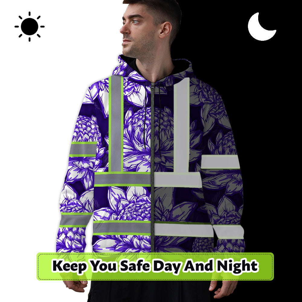 Hi Vis Zip Hoodie Reflective Tapes Violet Neon White Protea Custom Name Safety Workwear For Workers, Truckers, Operators