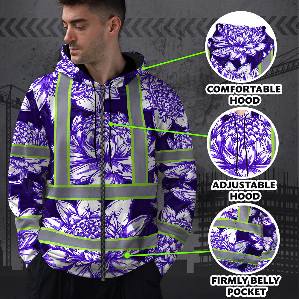 Hi Vis Zip Hoodie Reflective Tapes Violet Neon White Protea Custom Name Safety Workwear For Workers, Truckers, Operators