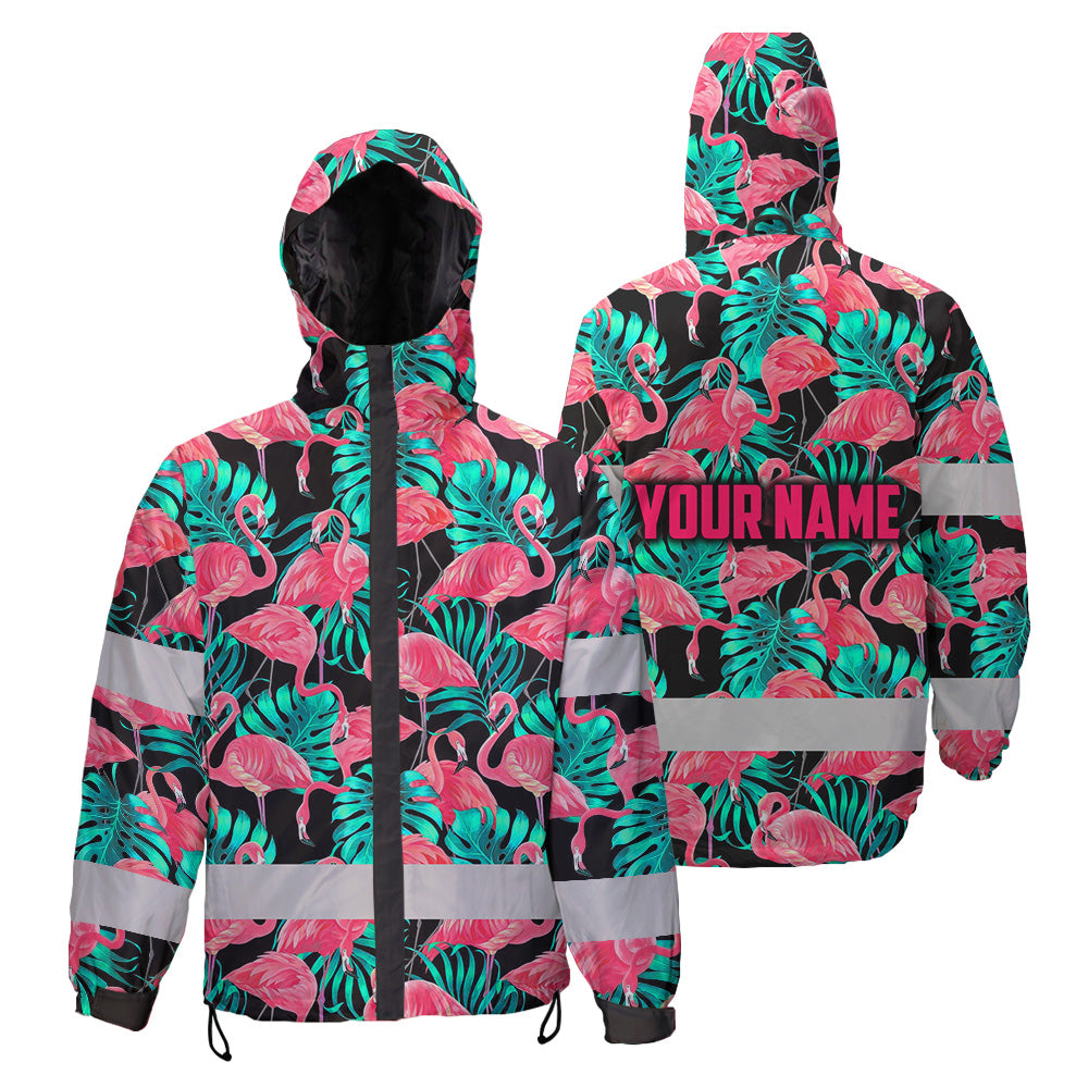 Hi Vis Jacket Waterproof And Windproof Reflective Tapes Pink Flamingo Flower Hawaiian Custom Name