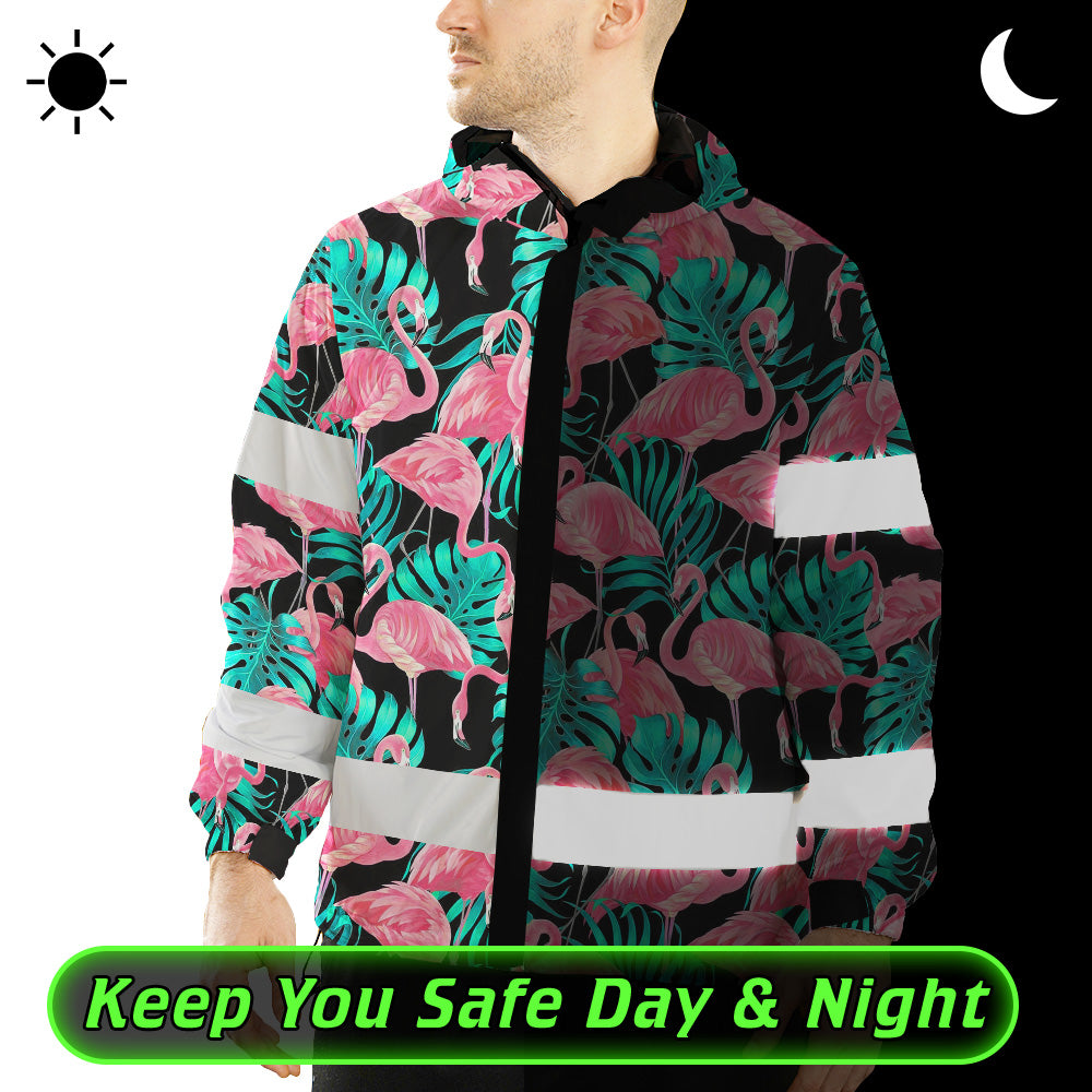 Hi Vis Jacket Waterproof And Windproof Reflective Tapes Pink Flamingo Flower Hawaiian Custom Name
