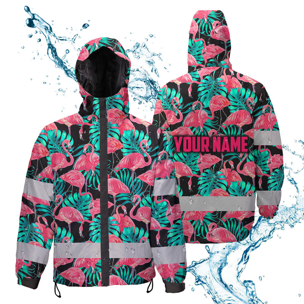 Hi Vis Jacket Waterproof And Windproof Reflective Tapes Pink Flamingo Flower Hawaiian Custom Name