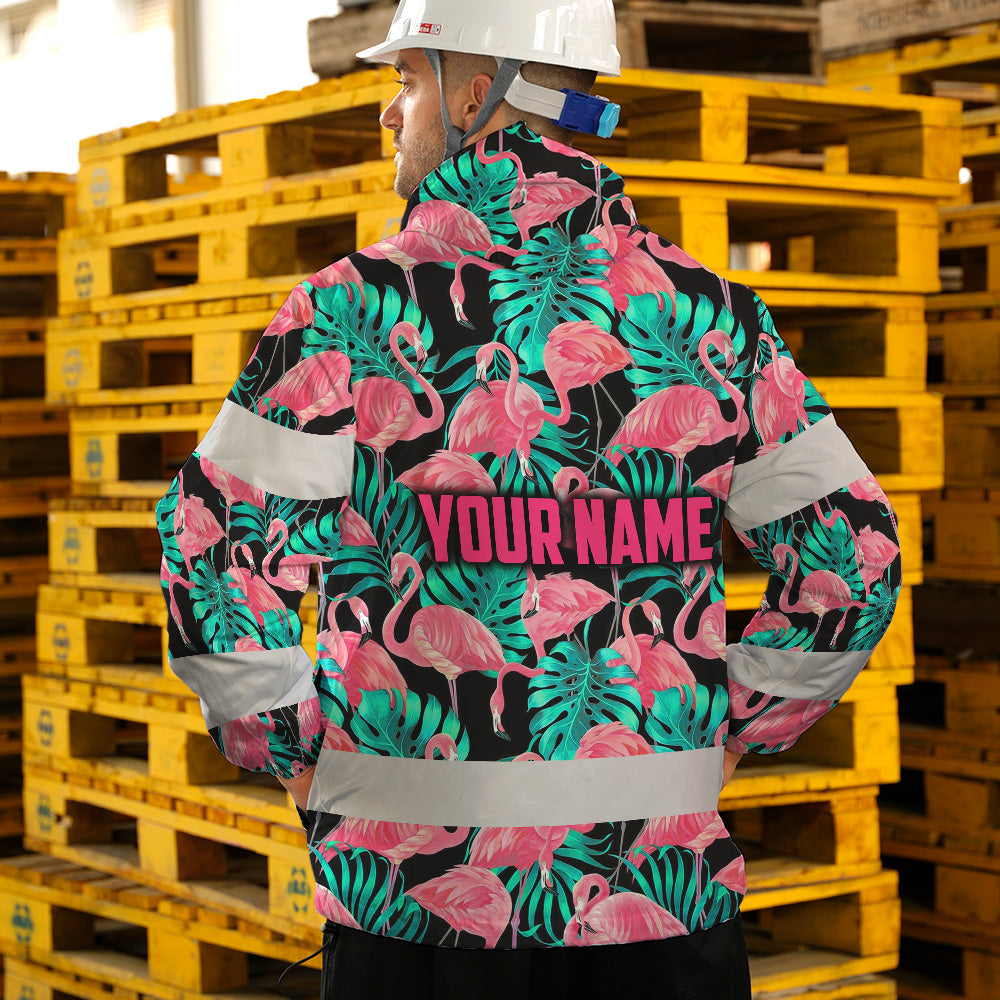 Hi Vis Jacket Waterproof And Windproof Reflective Tapes Pink Flamingo Flower Hawaiian Custom Name