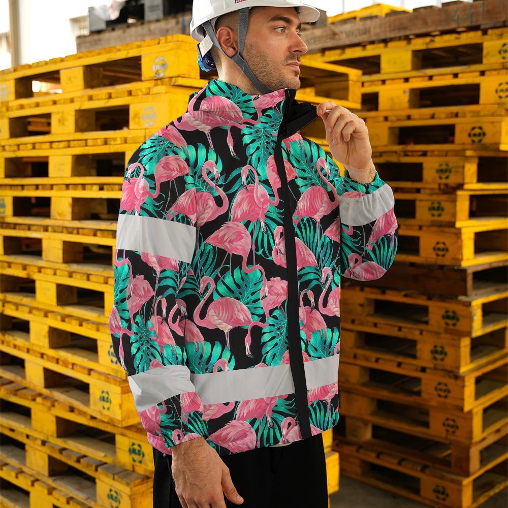 Hi Vis Jacket Waterproof And Windproof Reflective Tapes Pink Flamingo Flower Hawaiian Custom Name