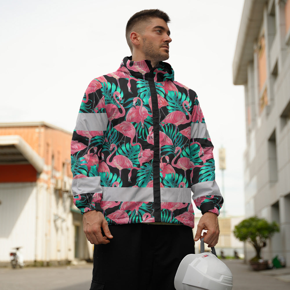 Hi Vis Jacket Waterproof And Windproof Reflective Tapes Pink Flamingo Flower Hawaiian Custom Name