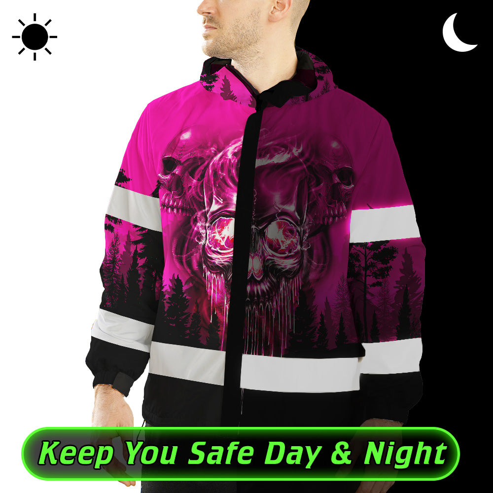 Hi Vis Jacket Waterproof And Windproof Reflective Tapes Skull Pink Neon Workwear Safety