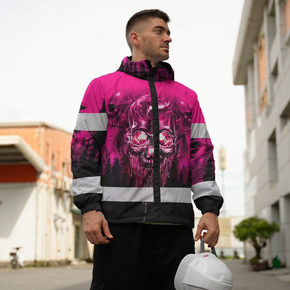 Hi Vis Jacket Waterproof And Windproof Reflective Tapes Skull Pink Neon Workwear Safety