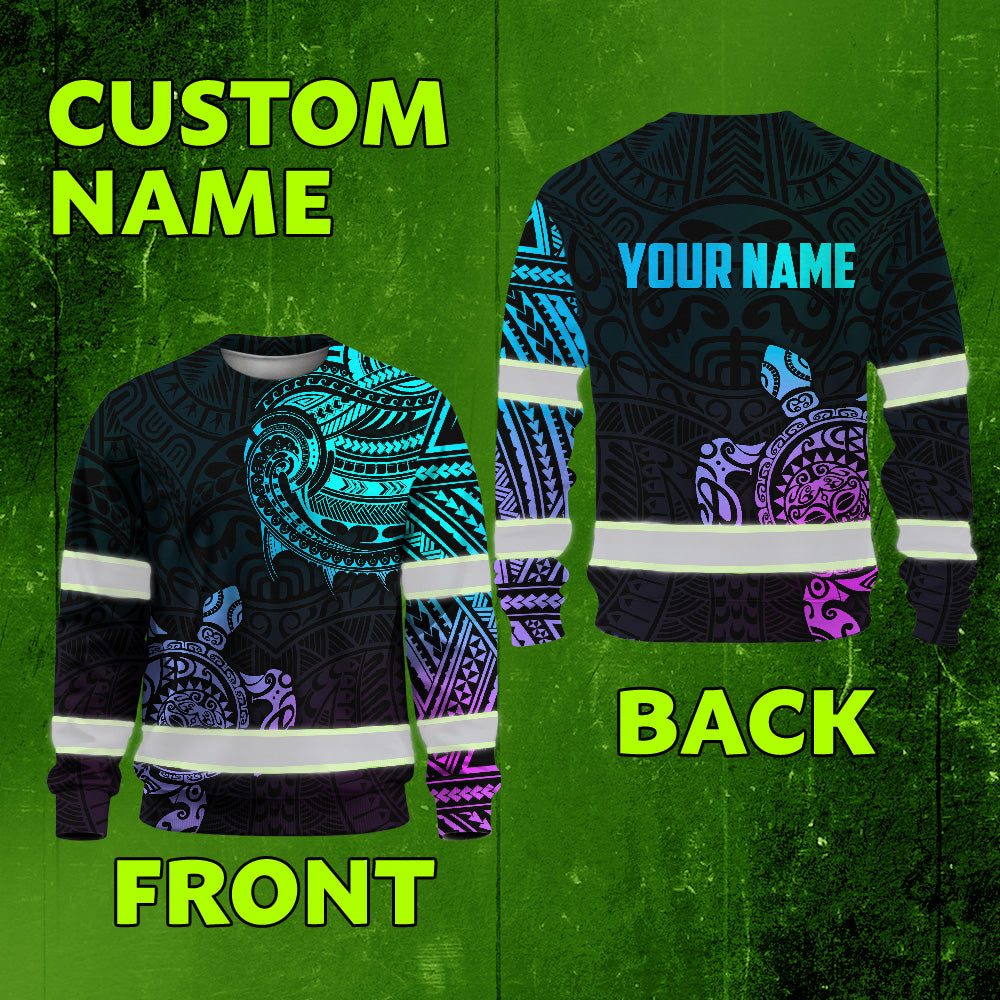 Hi Vis Long Sleeve Shirt Reflective Gradient Polynesian Turtle Hawaiian Custom Name