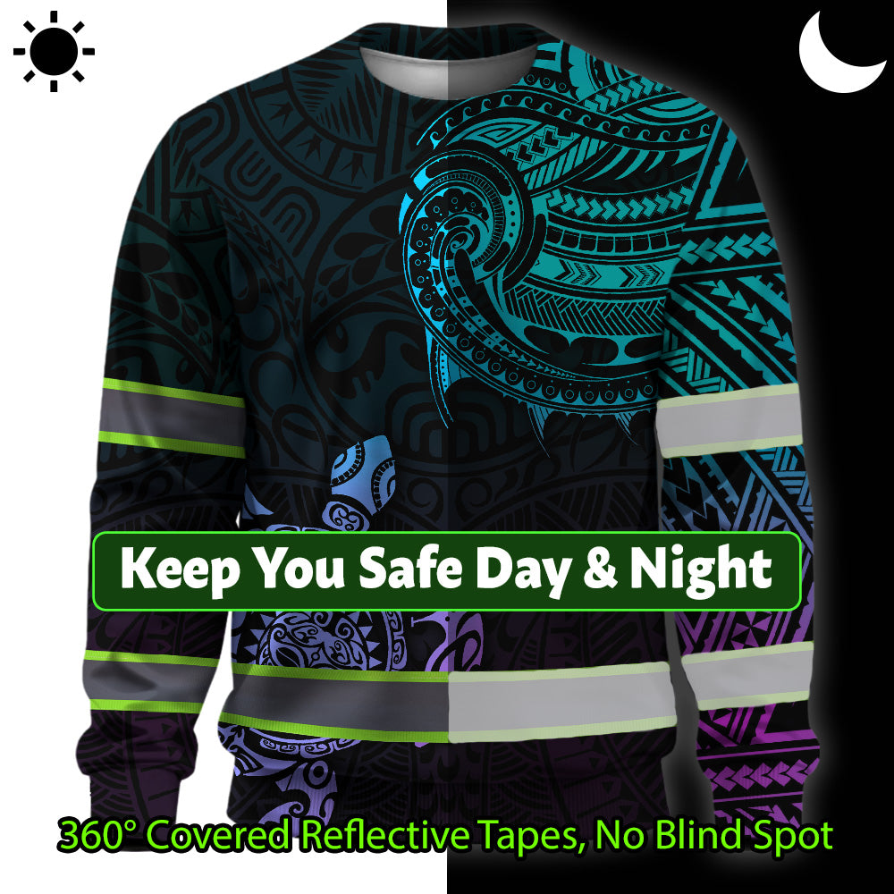 Hi Vis Long Sleeve Shirt Reflective Gradient Polynesian Turtle Hawaiian Custom Name